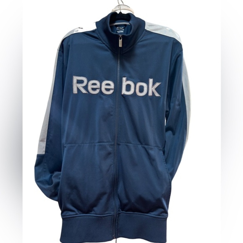 Classic Retro Reebok Men's Blue and White Full Zip Jacket - Size XL
